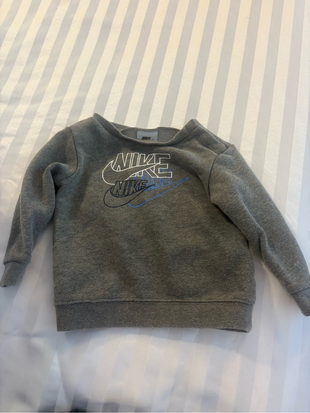 Nike Gray Kids Sweatshirt with Layered Blue-Outlined Logo